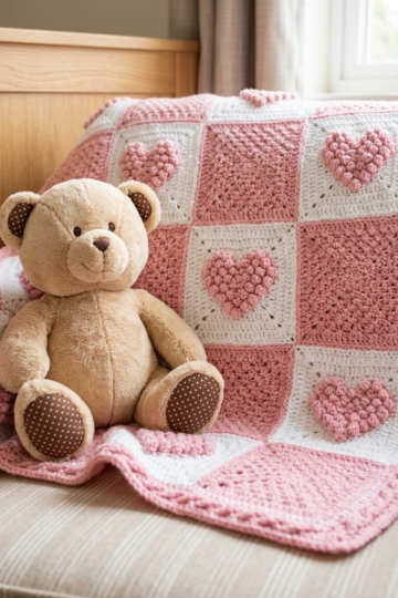 Pink Heart Granny Square Baby Blanket Free Crochet Pattern