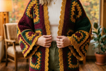 Burgundy Granny Square Patchwork Cardigan Free Crochet Pattern