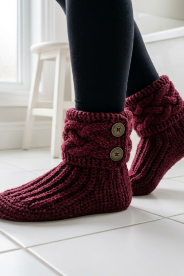 Burgundy Wine Velvet Touch Slipper Boots Free Crochet Pattern