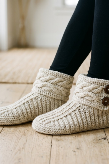 Cozy Cable Button Slipper Boots Free Crochet Pattern