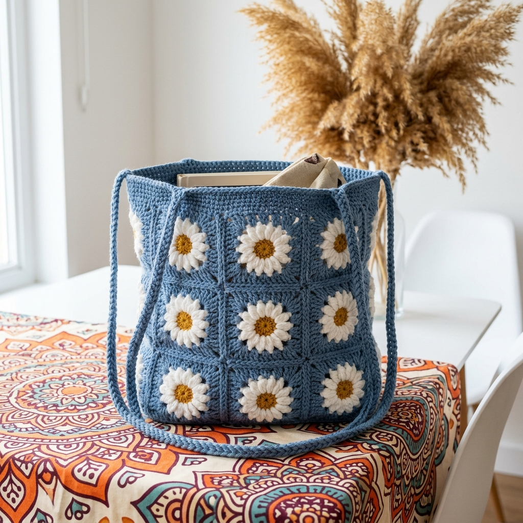 Daisy Granny Square Tote Bag Free Crochet Pattern