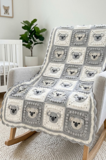 Gray Koala Granny Square Nursery Blanket Free Crochet Pattern