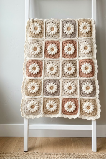 Neutral Boho Daisy Granny Square Blanket Free Crochet Pattern