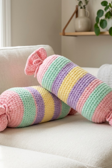 Pastel Rainbow Candy Bolster Pillow Free Crochet Pattern
