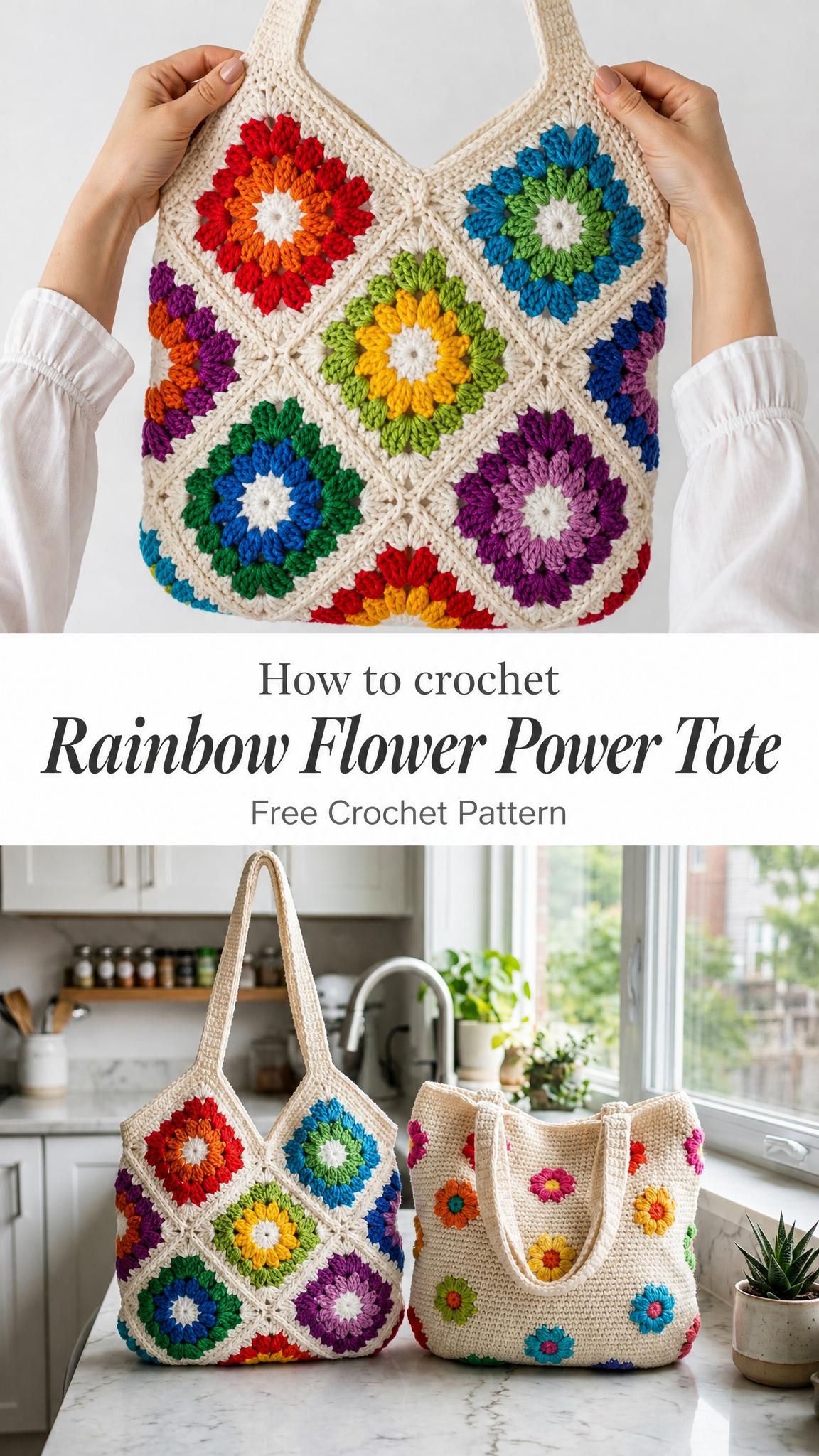 Rainbow Flower Power Tote Free Crochet Pattern
