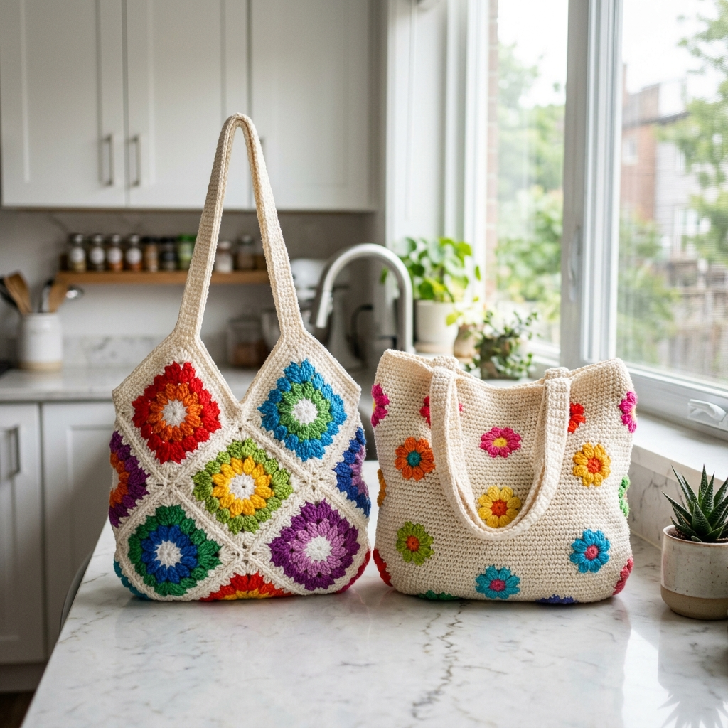 Rainbow Flower Power Tote Free Crochet Pattern