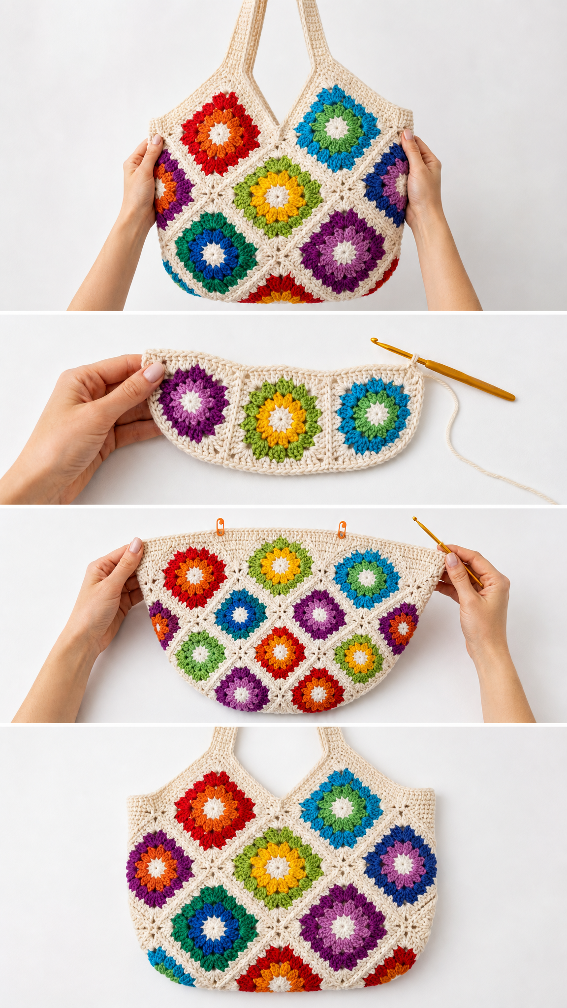 Rainbow Flower Power Tote Free Crochet Pattern