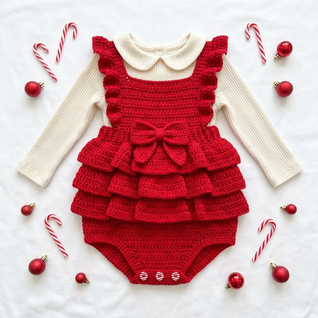 Red Ruffled Baby Romper with Bow Pattern