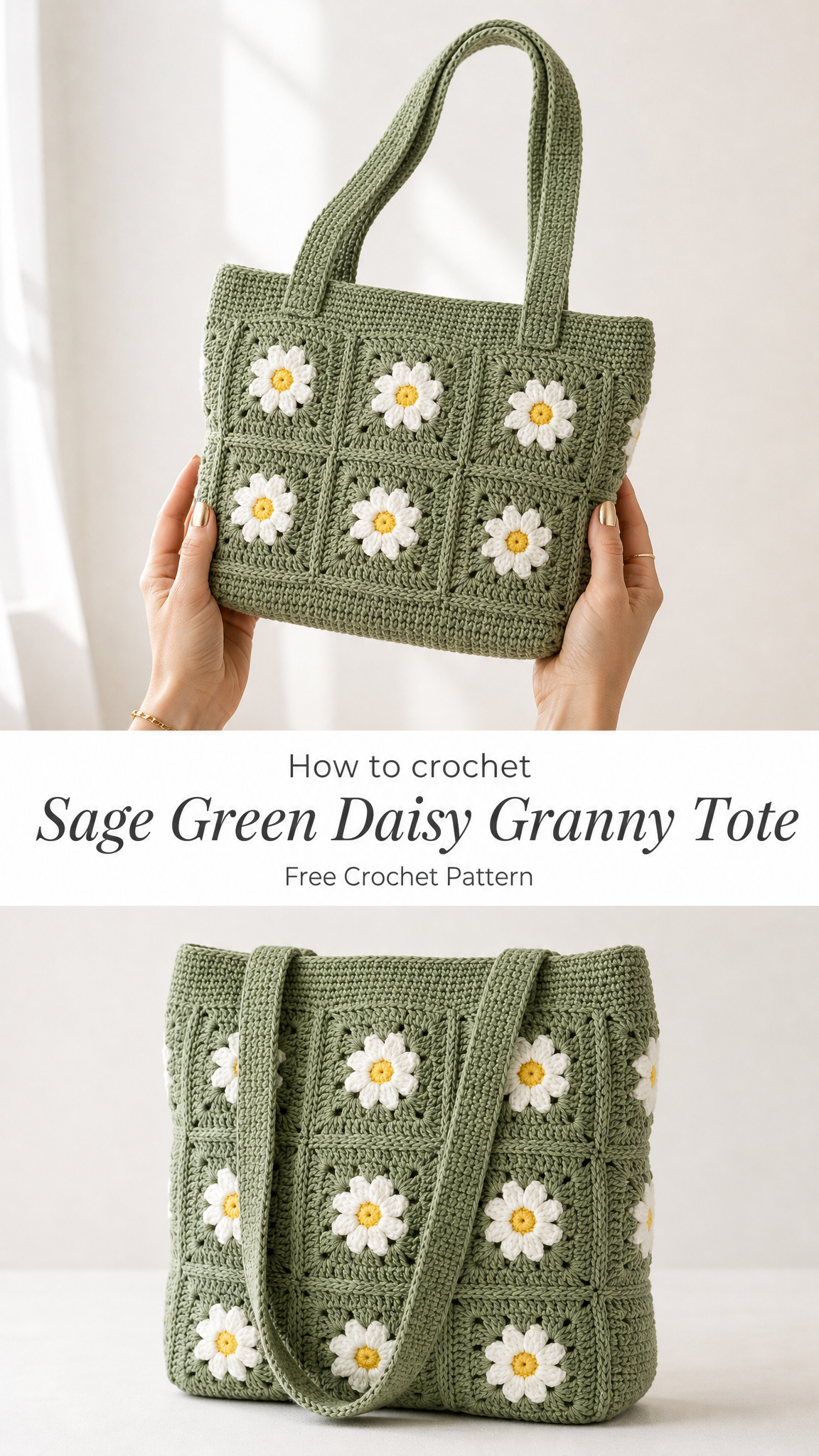 Sage Green Daisy Granny Tote Free Crochet Pattern