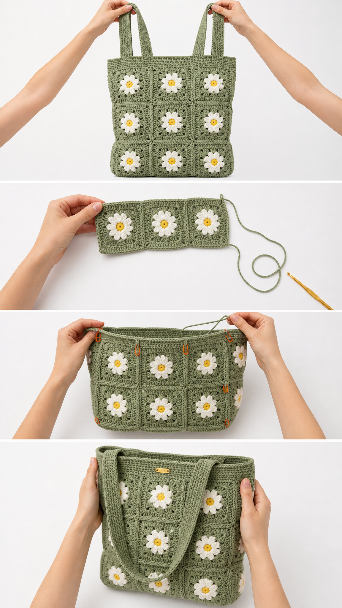 Sage Green Daisy Granny Tote Free Crochet Pattern
