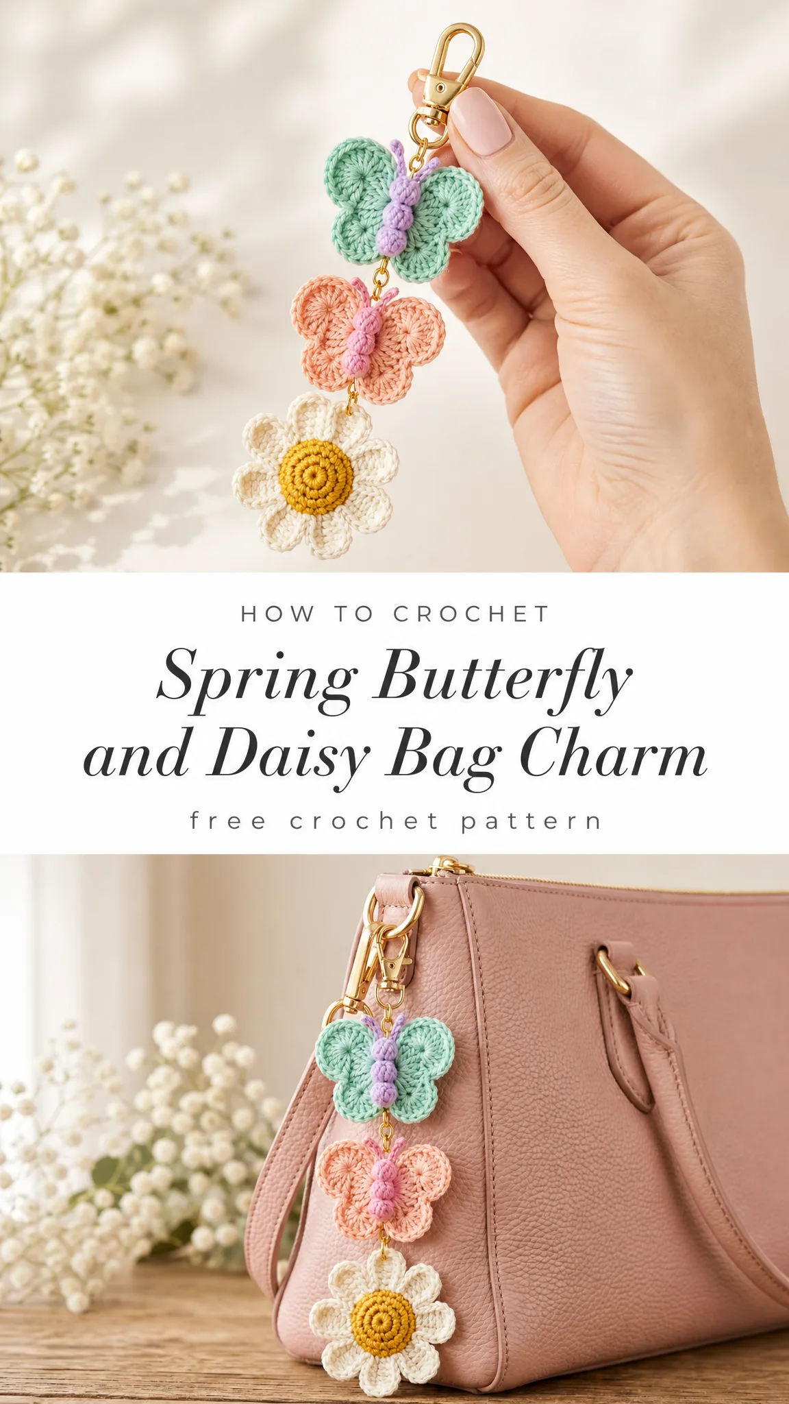 Spring Butterfly and Daisy Bag Charm Free Crochet Pattern