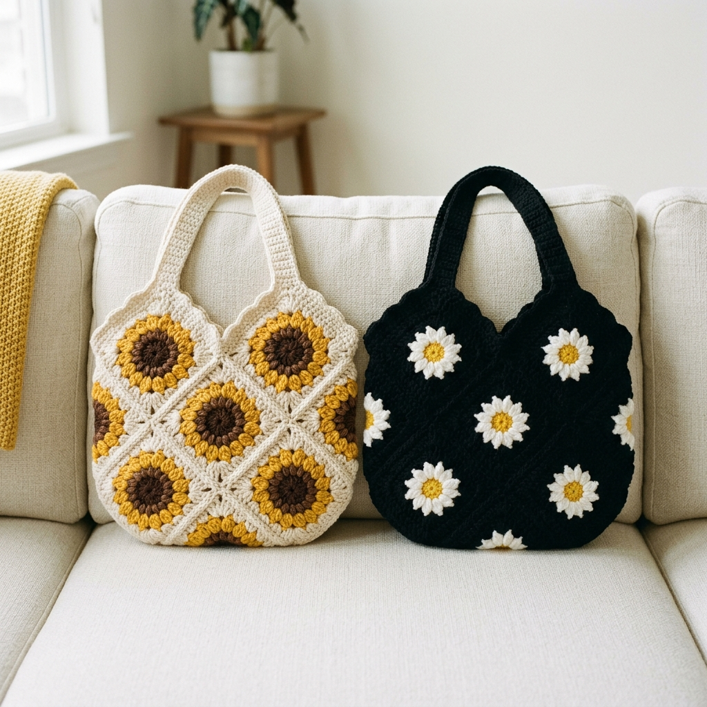 Sunflower and Daisy Granny Square Tote Free Crochet Pattern