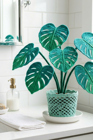 Tropical Monstera Crochet Plant for Bathroom Decor