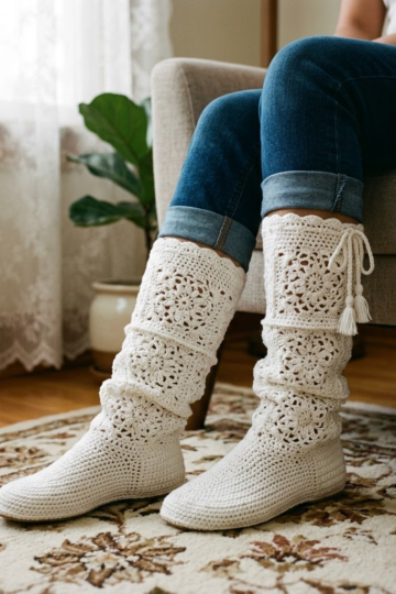 White Lace Slouchy Crochet Boots Free Crochet Pattern