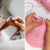 two photos showing a person who is crocheting and knitting