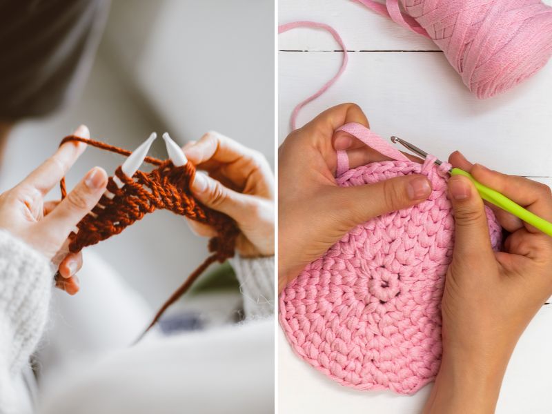 two photos showing a person who is crocheting and knitting