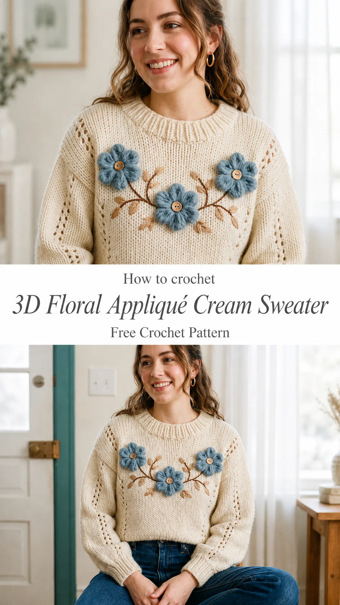3D Floral Appliqué Cream Sweater Free Crochet Pattern
