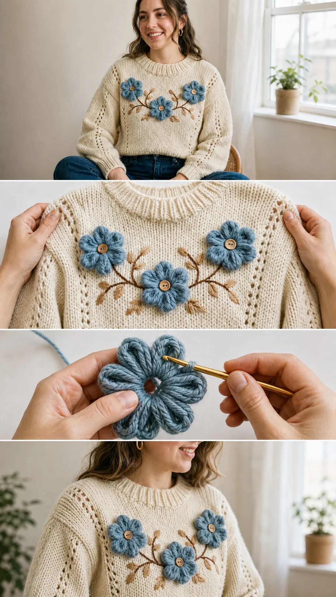 3D Floral Appliqué Cream Sweater Free Crochet Pattern