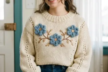 3D Floral Appliqué Cream Sweater Free Crochet Pattern