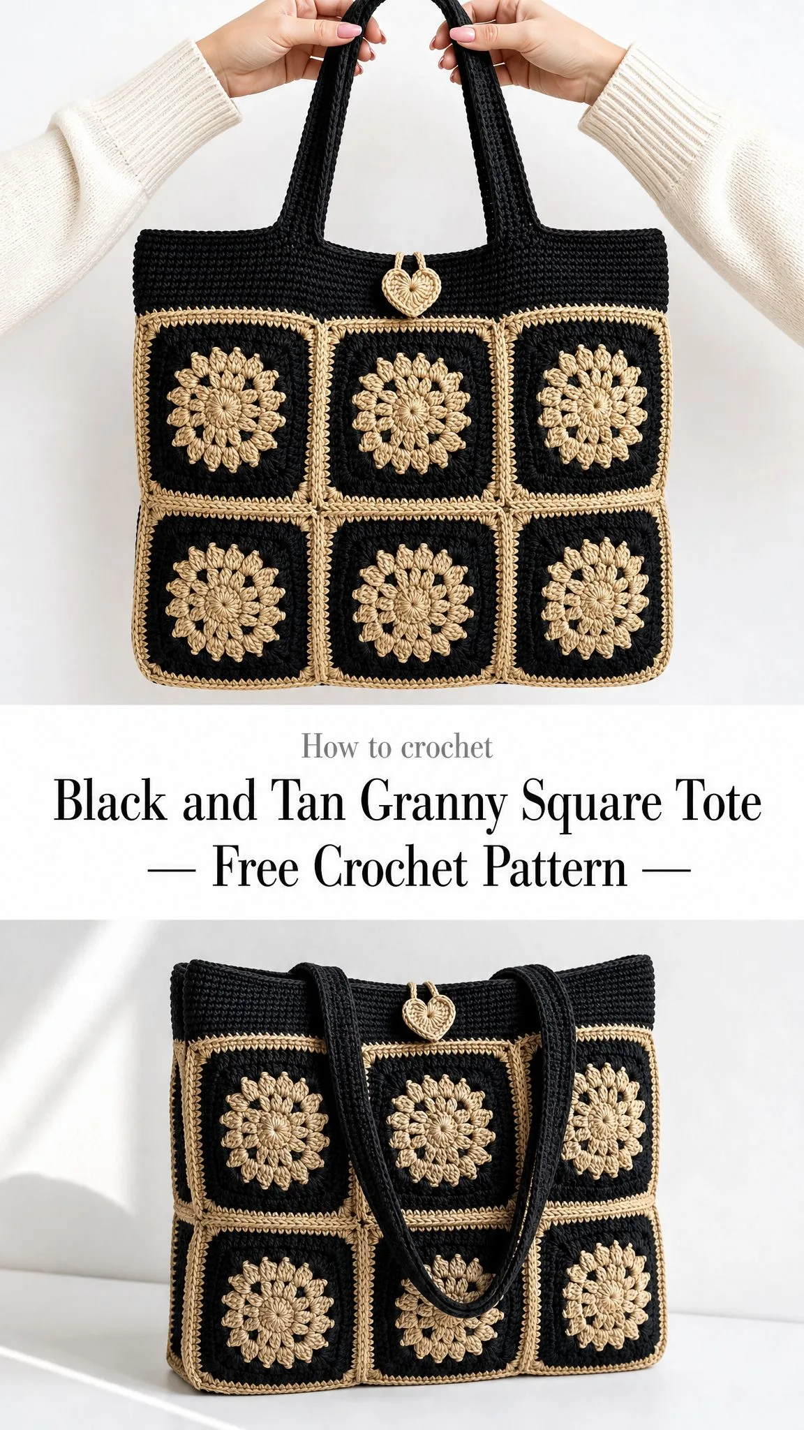 Black and Tan Granny Square Tote Free Crochet Pattern
