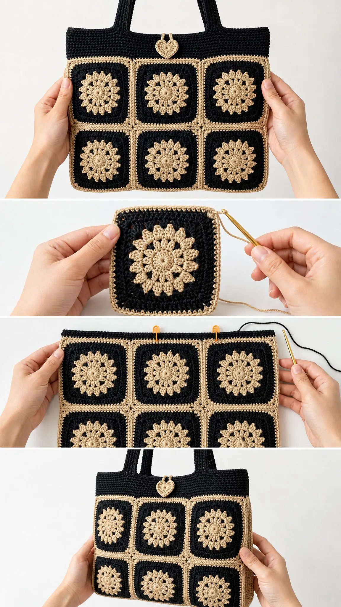 Black and Tan Granny Square Tote Free Crochet Pattern