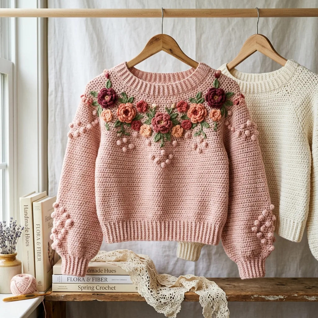 Blush Floral Bobble Sweater Free Crochet Pattern