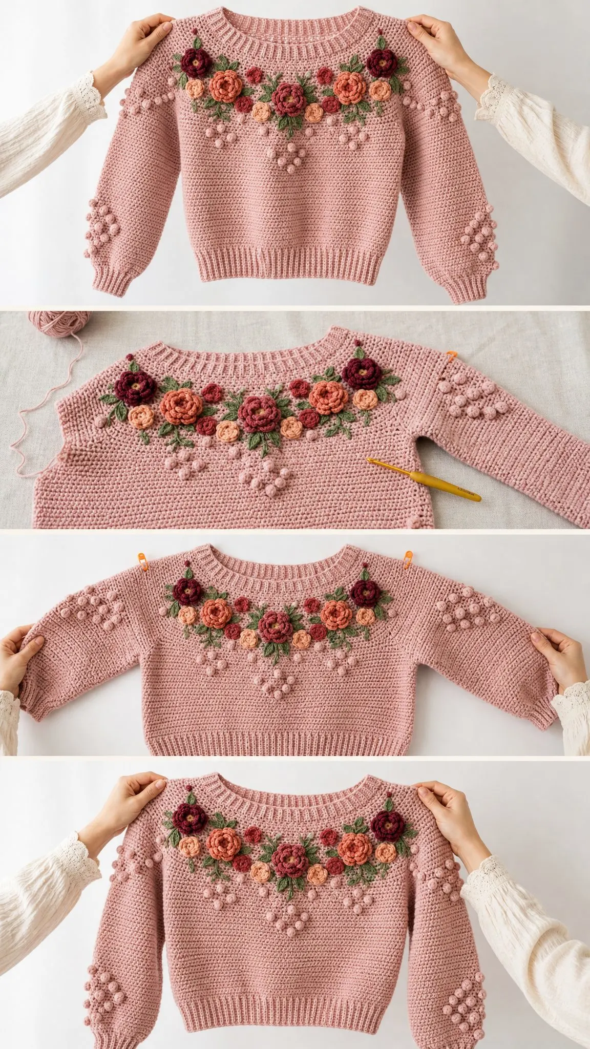 Blush Floral Bobble Sweater Free Crochet Pattern