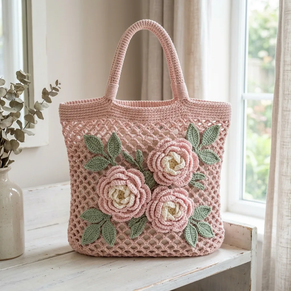 Blush Pink Peony Mesh Tote Free Crochet Pattern