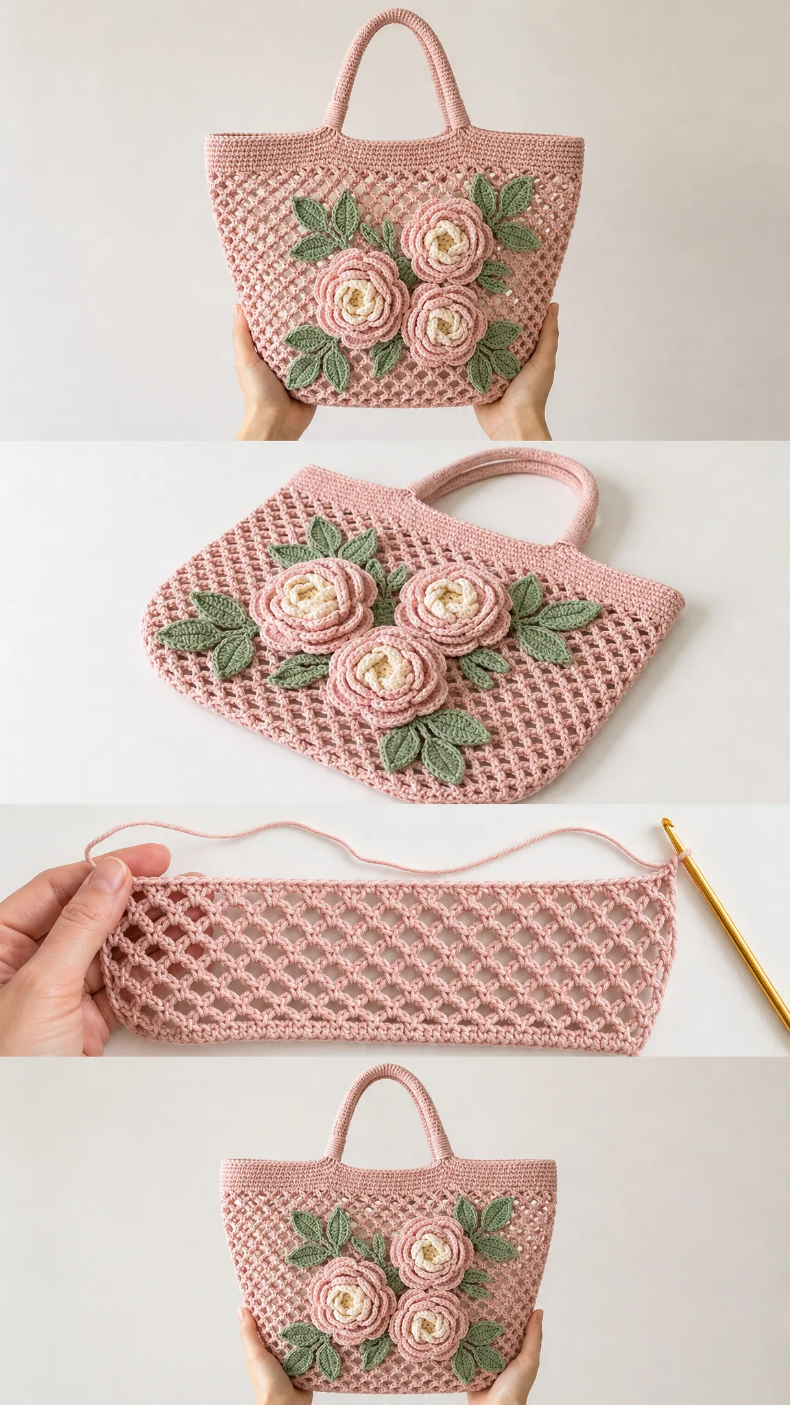 Blush Pink Peony Mesh Tote Free Crochet Pattern