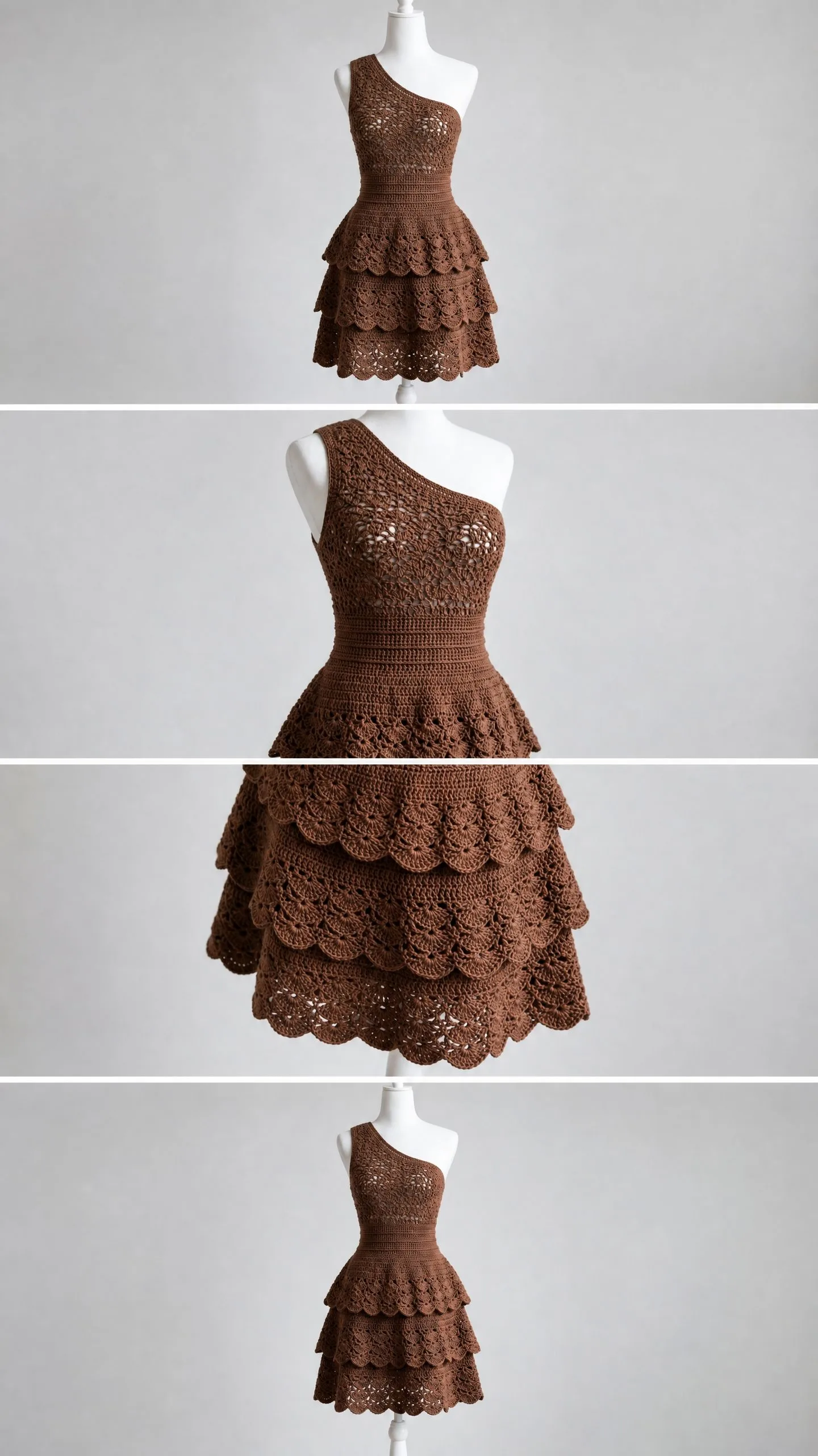 Brown One-Shoulder Tiered Ruffle Dress Free Crochet Pattern