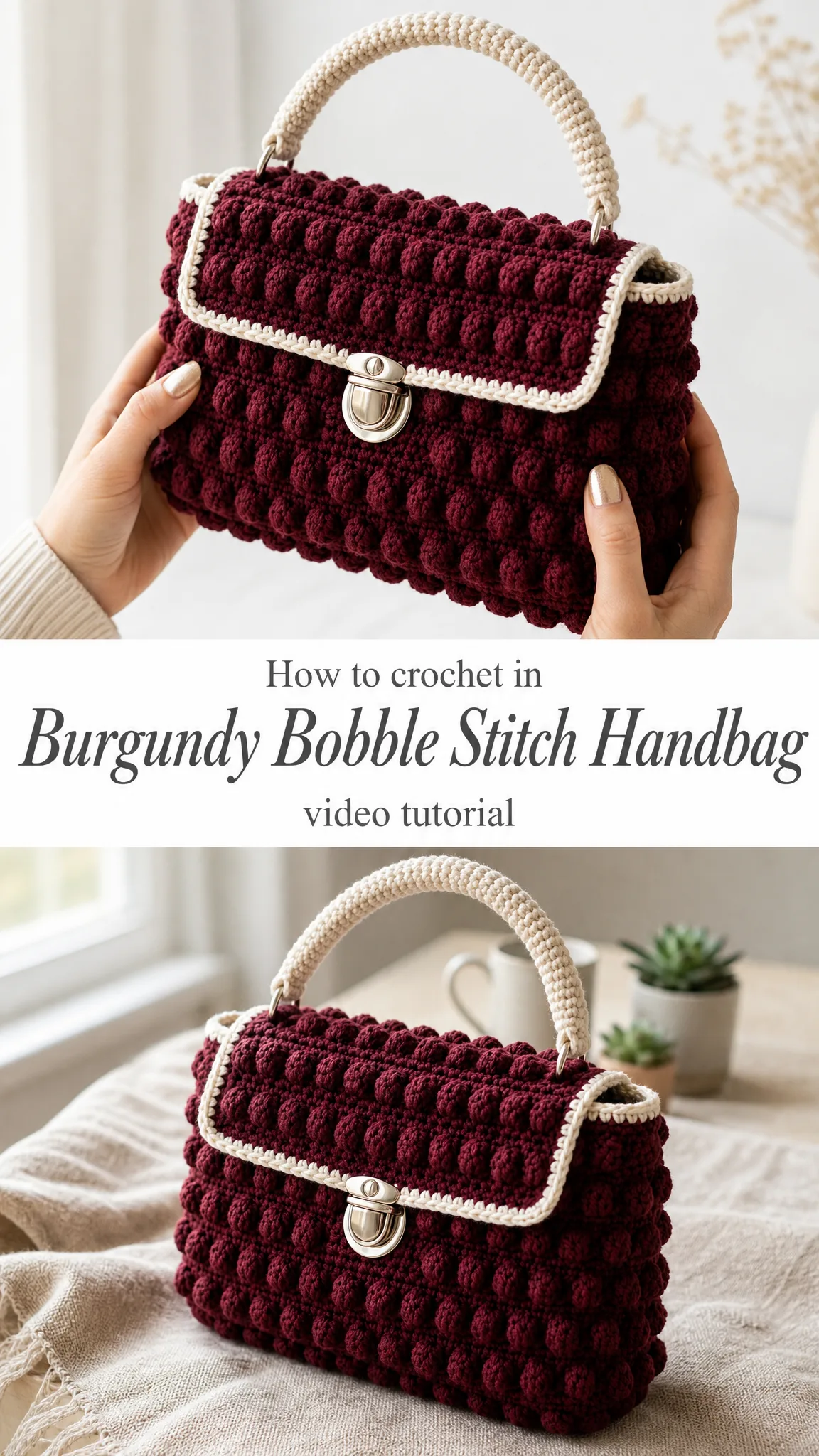 Burgundy Bobble Stitch Handbag Free Crochet Pattern