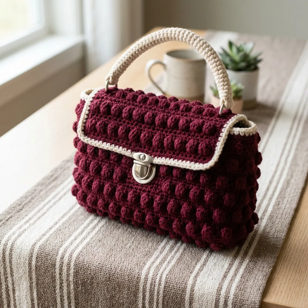 Burgundy Bobble Stitch Handbag Free Crochet Pattern