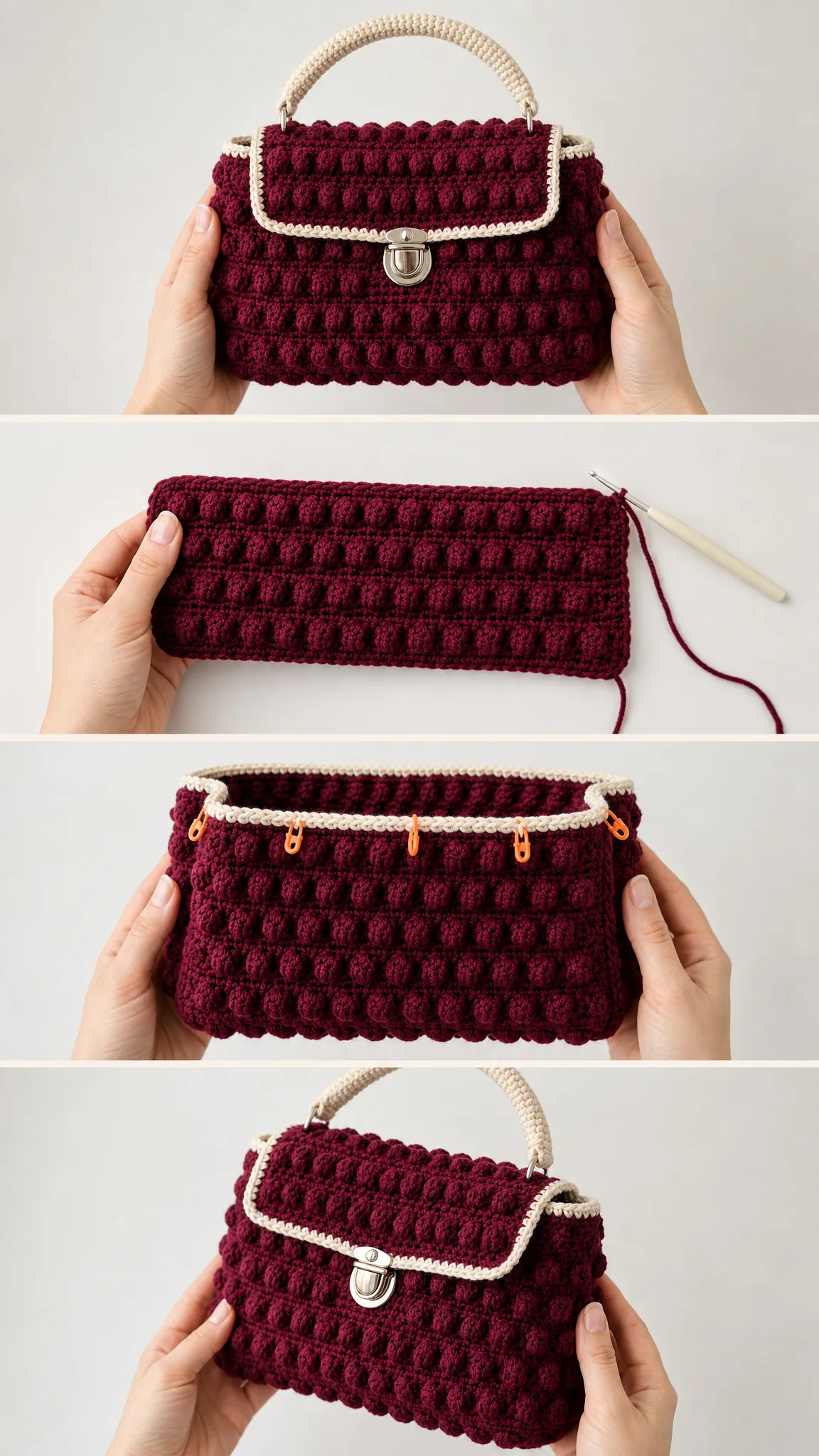 Burgundy Bobble Stitch Handbag Free Crochet Pattern