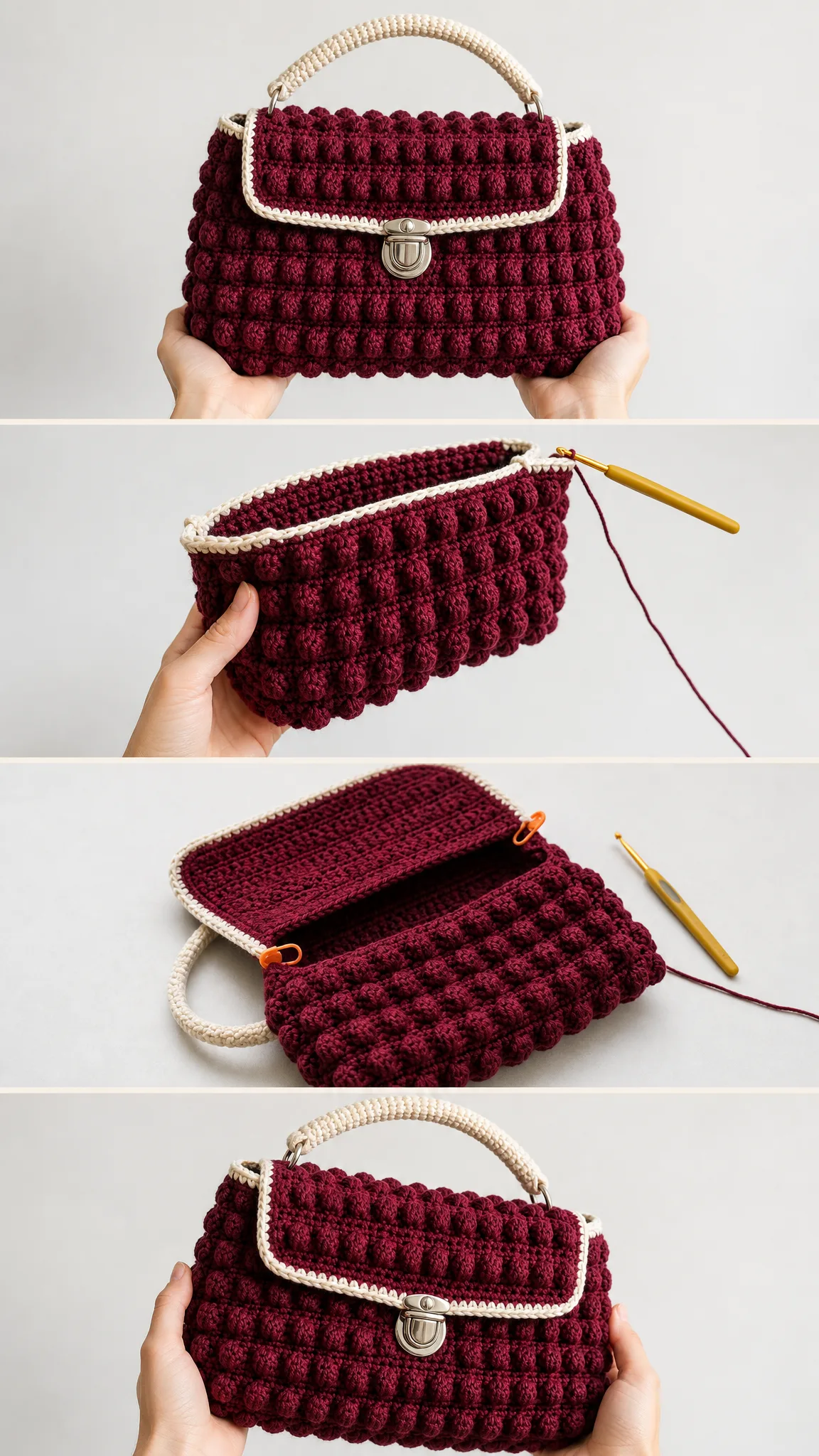 Burgundy Bobble Stitch Handbag Free Crochet Pattern