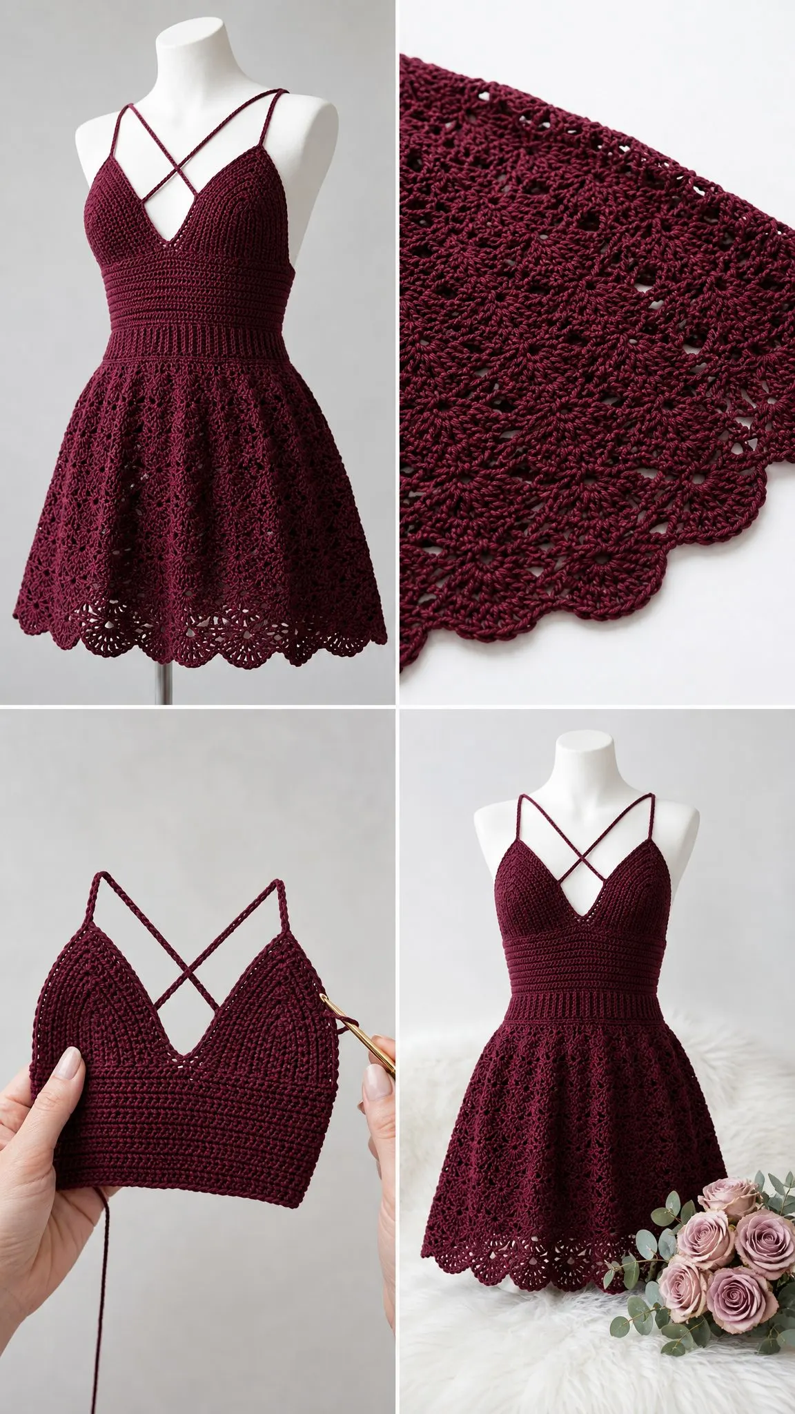 Burgundy Lace Crochet Mini Dress Free Pattern