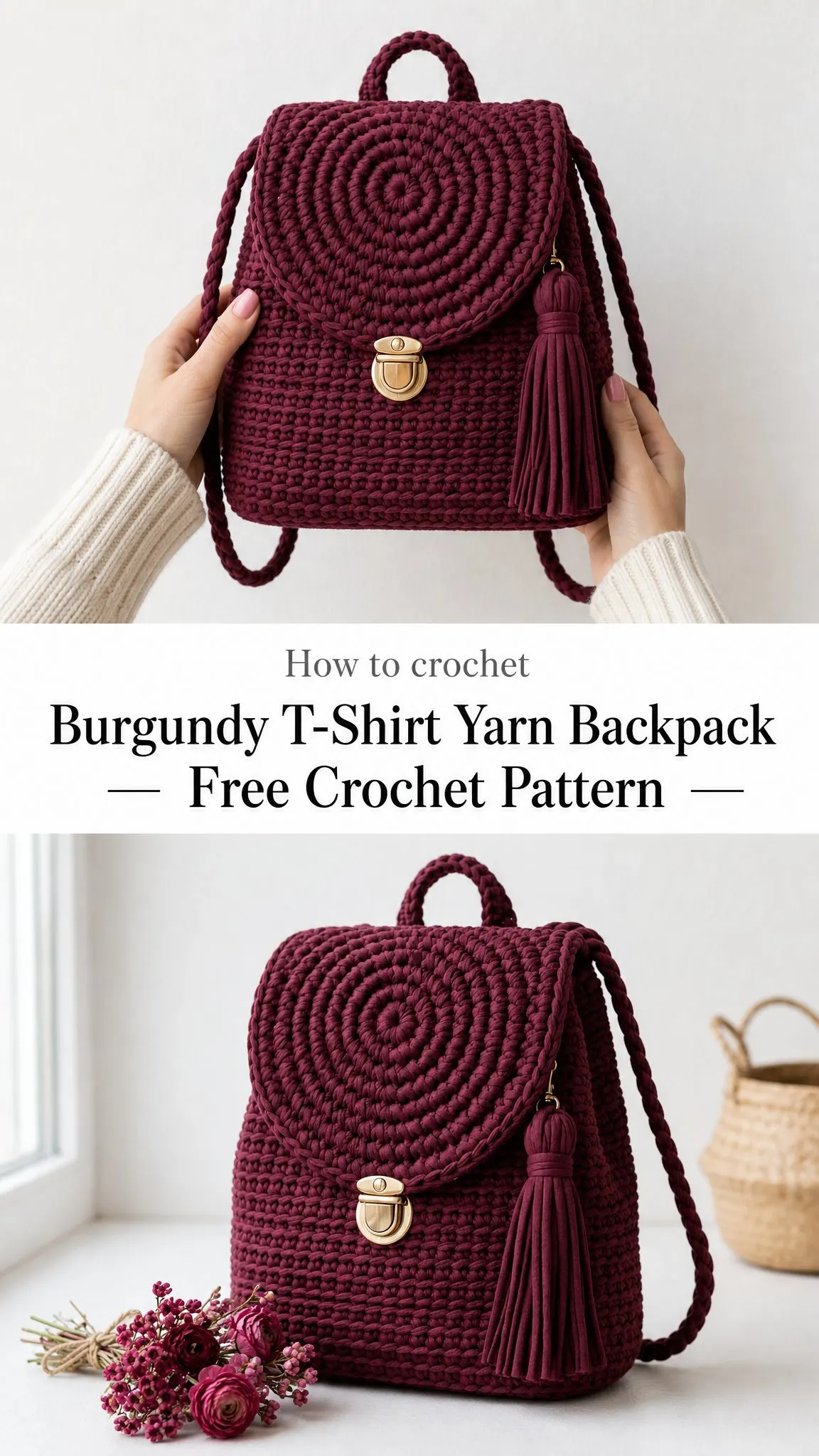 Burgundy T-Shirt Yarn Backpack Free Crochet Pattern