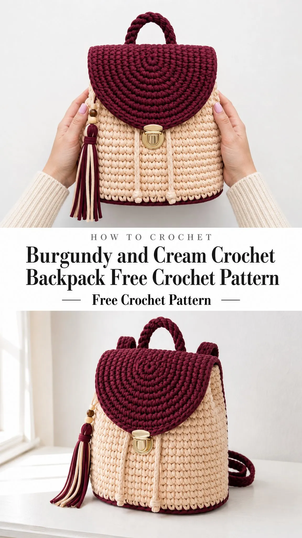 Burgundy and Cream Crochet Backpack Free Crochet Pattern