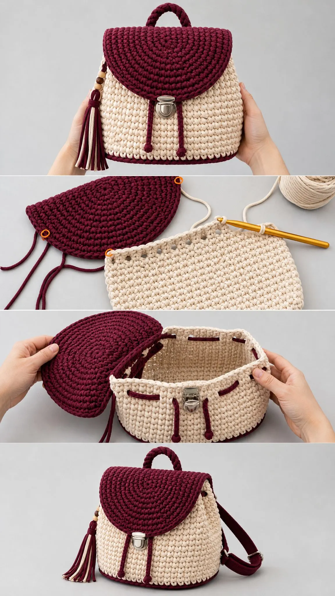 Burgundy and Cream Crochet Backpack Free Crochet Pattern