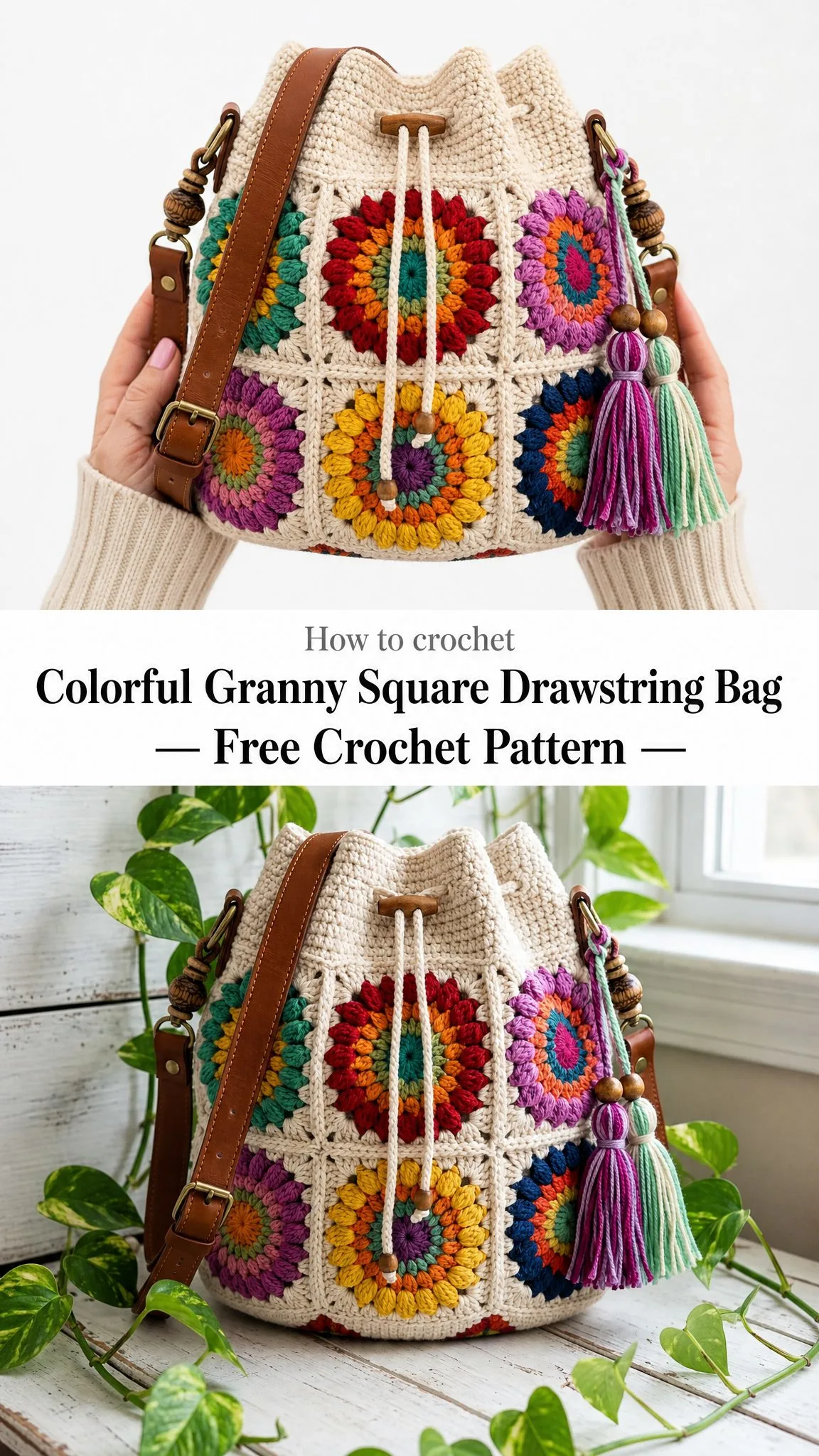Colorful Granny Square Drawstring Bag Free Crochet Pattern