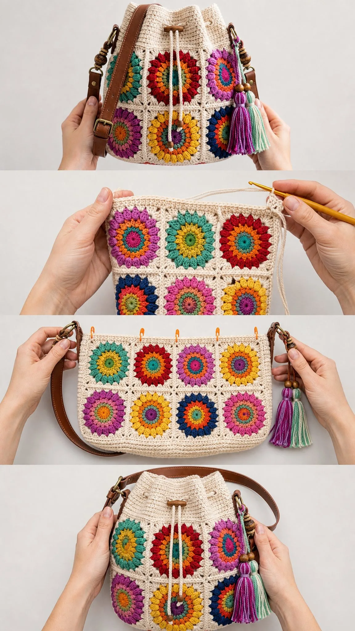 Colorful Granny Square Drawstring Bag Free Crochet Pattern