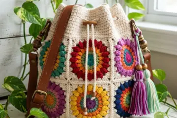 Colorful Granny Square Drawstring Bag Free Crochet Pattern