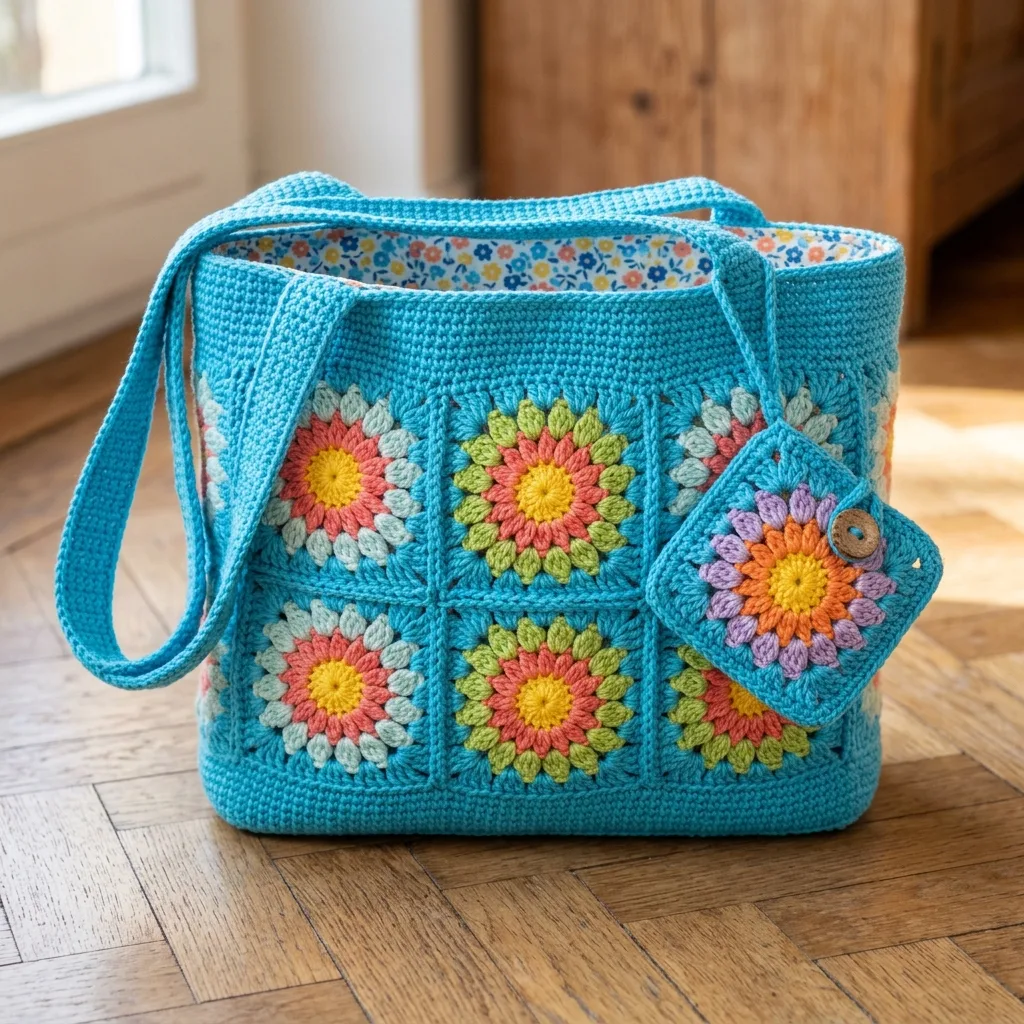 Colorful Granny Square Tote Bag Free Crochet Pattern