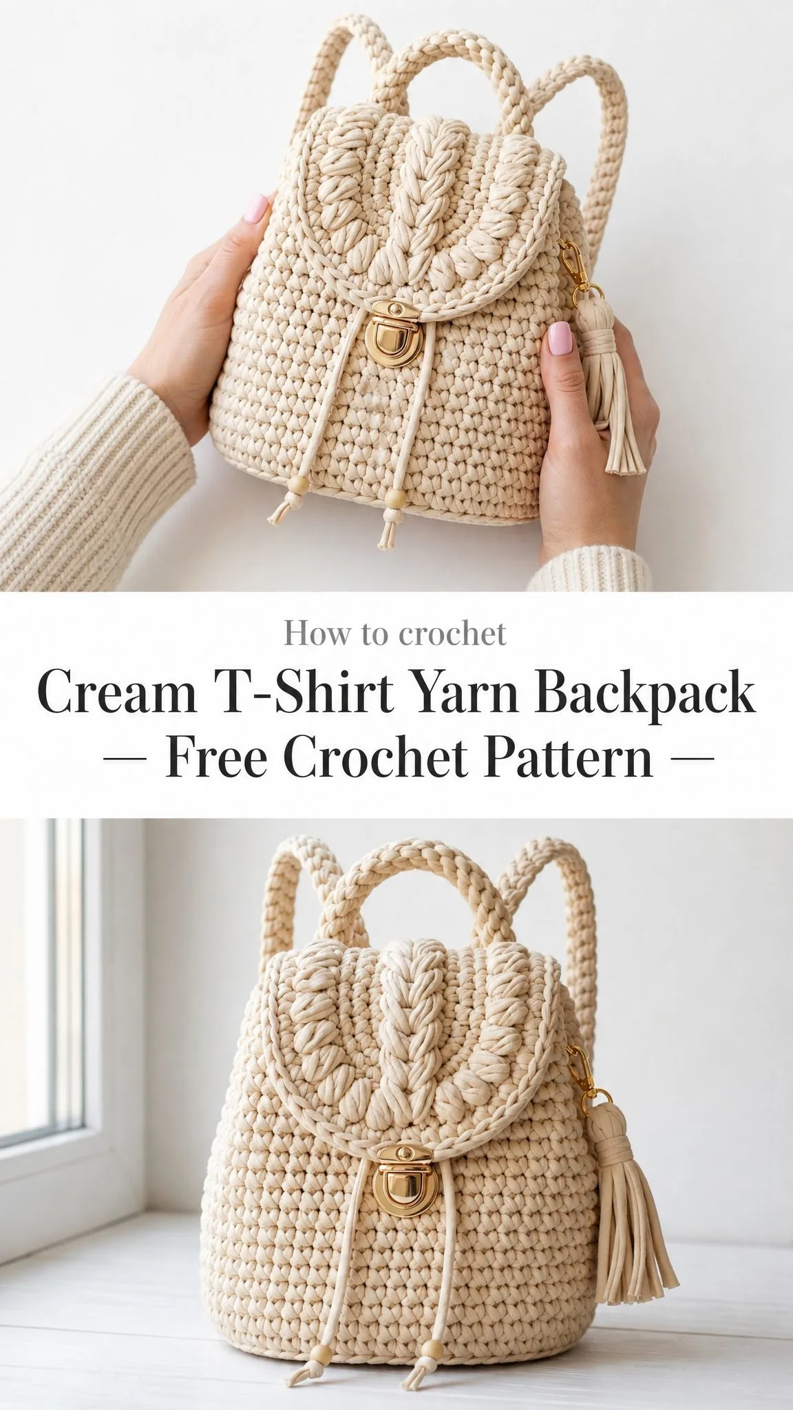 Cream T-Shirt Yarn Backpack Free Crochet Pattern