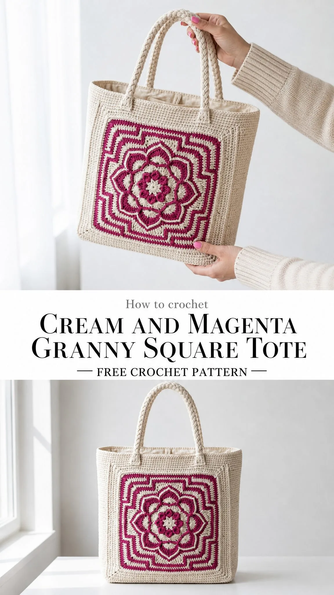 Cream and Magenta Granny Square Tote Free Crochet Pattern