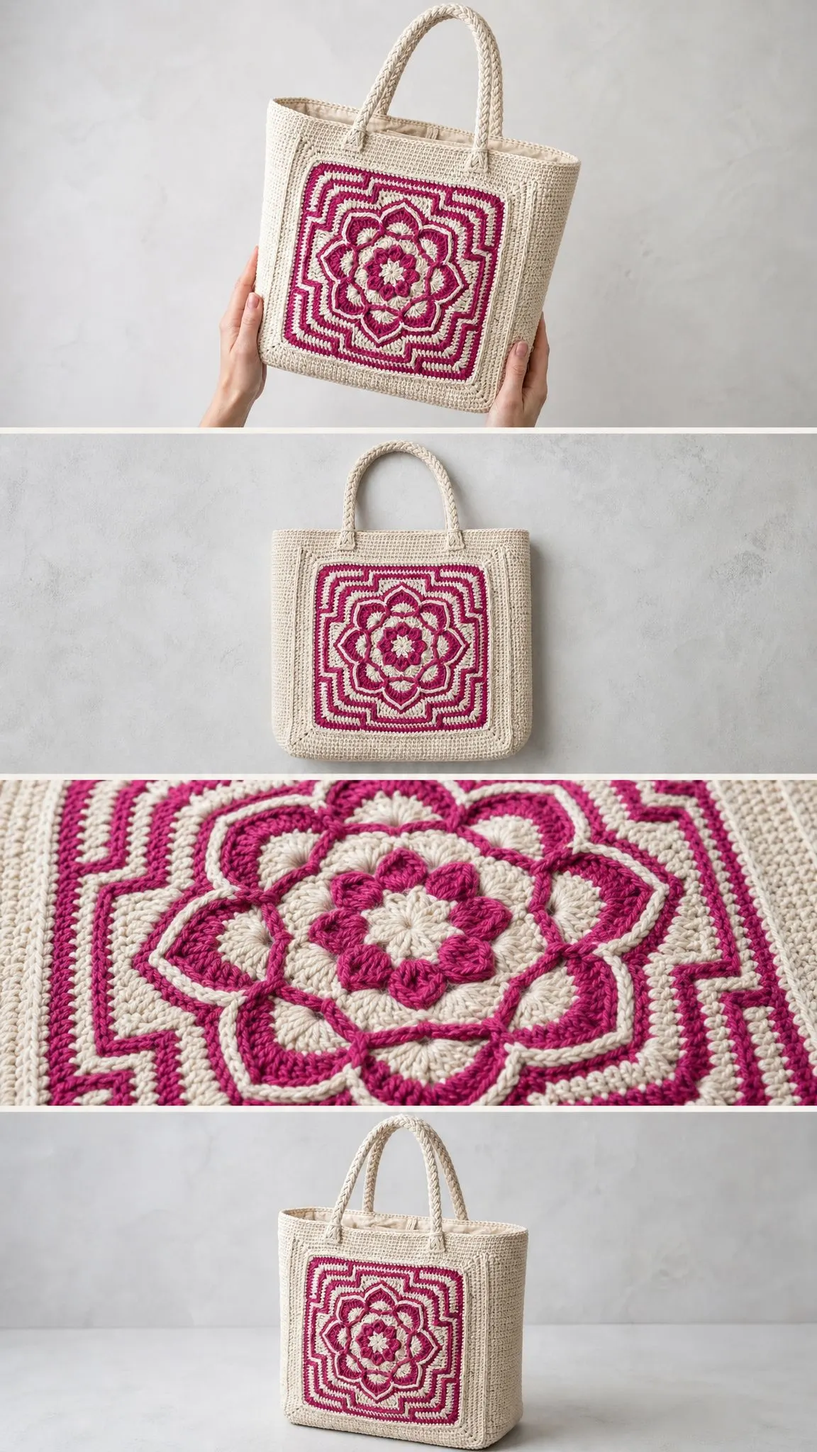 Cream and Magenta Granny Square Tote Free Crochet Pattern