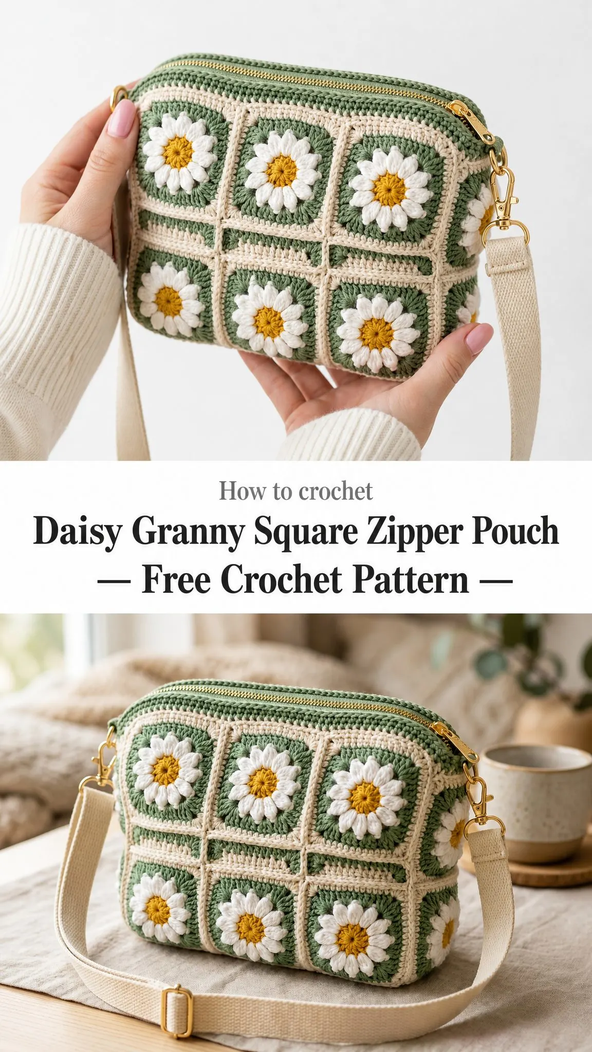 Daisy Granny Square Zipper Pouch Free Crochet Pattern