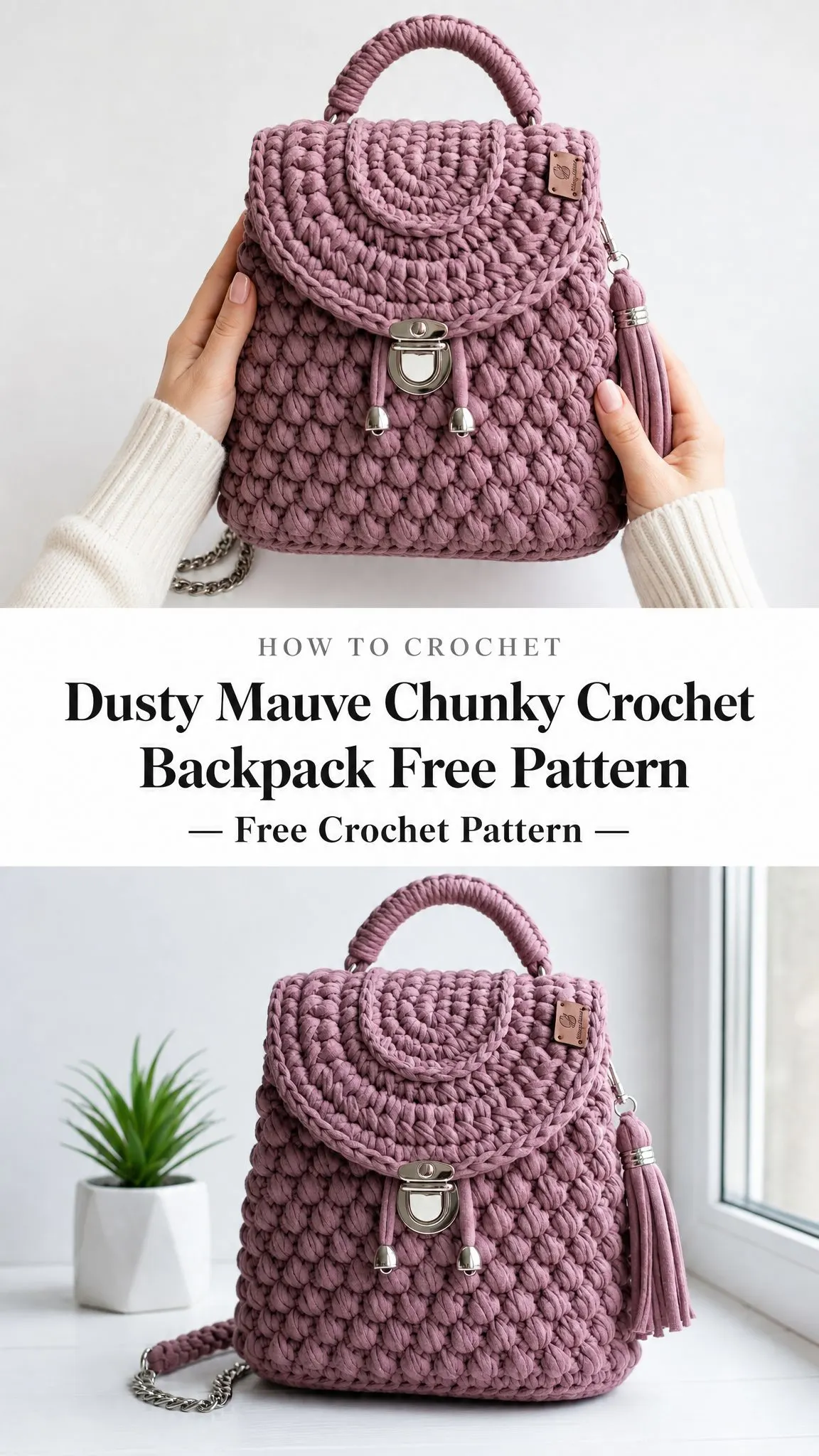 Dusty Mauve Chunky Crochet Backpack Free Pattern