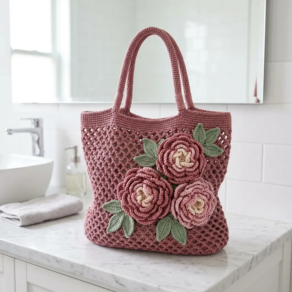 Dusty Rose Peony Bag Free Crochet Pattern