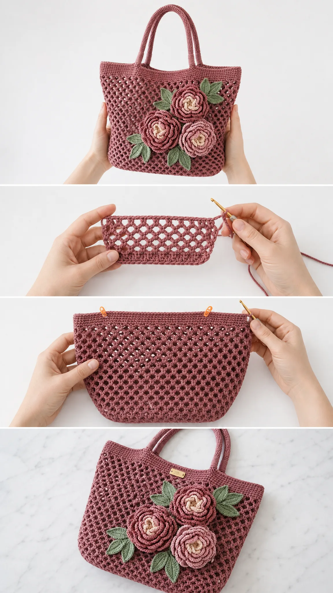 Dusty Rose Peony Bag Free Crochet Pattern