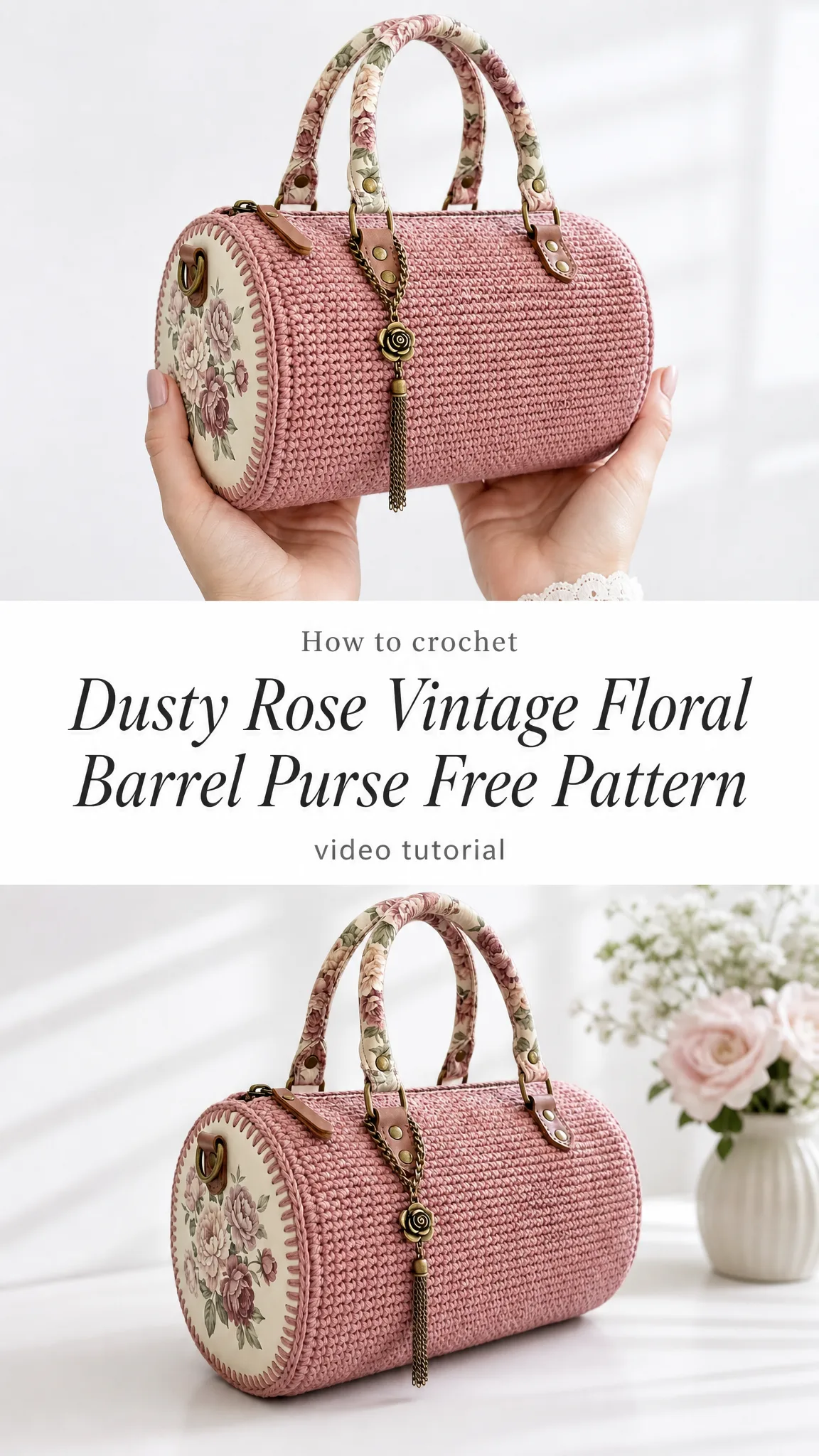 Dusty Rose Vintage Floral Barrel Purse Free Pattern